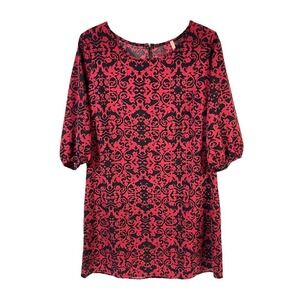 Prospero Dress  A-Line Red Black Damask 3/4 Sleeve Scoop Neck Floral Pattern USA